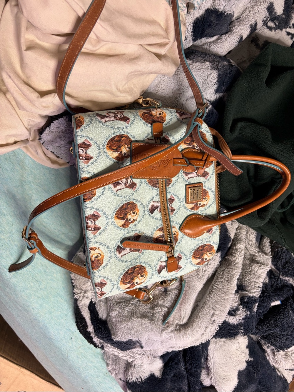 Dooney & Bourke Light Blue Satchel with Brown Trim and lady and the tramp Disney